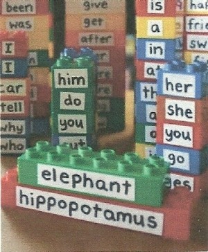 Stacks of Megablocks with white surgical tape across the front. Words like 