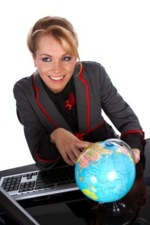 Selecting a Travel Agent, Travel Agent Pointing at Small Globe