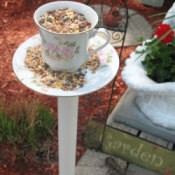 A bird feeder made from an old tea cup.