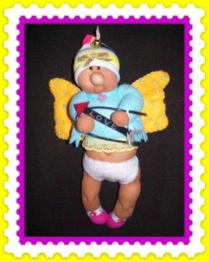 Completed pantyhose Cupid hanging.