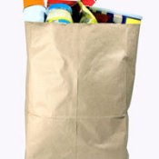 A paper bag full of groceries.