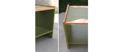 A shelf decorated with copper and paint.