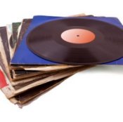 A stack of old vinyl records.