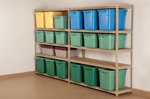 Totes on shelves.