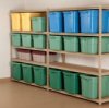 Totes on shelves.
