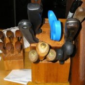 Kitchen knives in storage blocks.