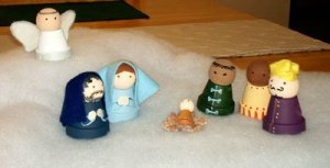 Nativity made from clay pots.