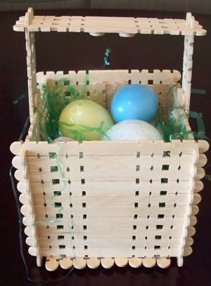 Easter basket made from wooden craft sticks.