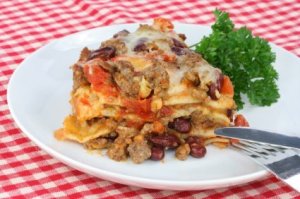 Taco Casserole on Red Checked Table Cloth