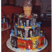 Candy arranged into shape of birthday cake.