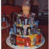 Candy arranged into shape of birthday cake.