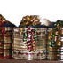 Row of decorated coffee cans.