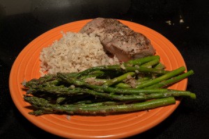 Ginger Lemon Asparagus served with pork and rice.