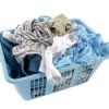 A plastic basket of laundry.