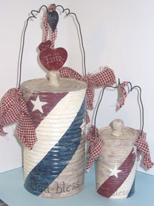 Cans painted red, white, and blue.