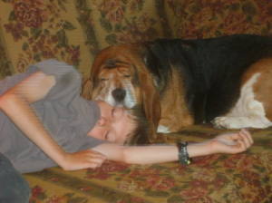 Boy and dog asleep on couch with dog's head resting on the boy's head.
