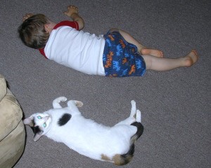 Cassie on the floor near sleeping child.