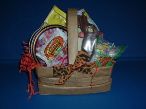 Finished basket decorated and filled with Easter candy.