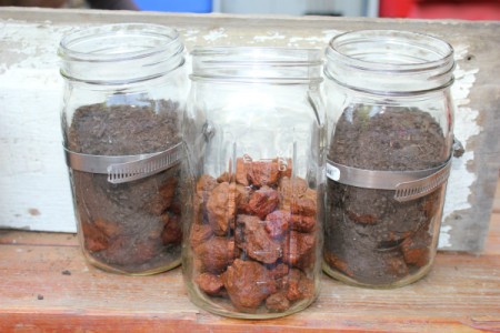 Filling the canning jars with soil.