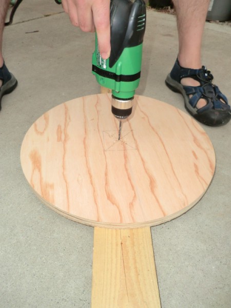 Bottom of cat scratching post, pre-drilling holes.