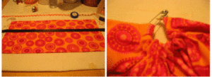 Sewing on ribbon and pinning elastic.