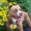 Pit standing in front of flowers.
