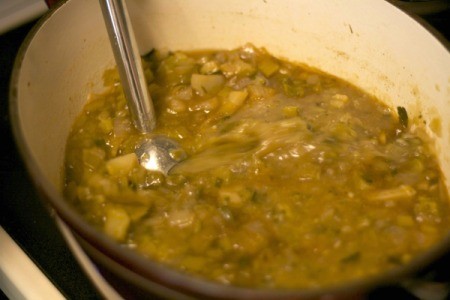 Smooth broccoli leek soup by using an immersion blender.