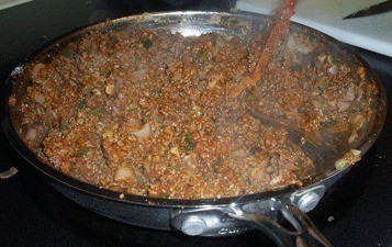 A pan of cooked ground beef for taco meat.