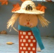 Scarecrow made from patio pavers.