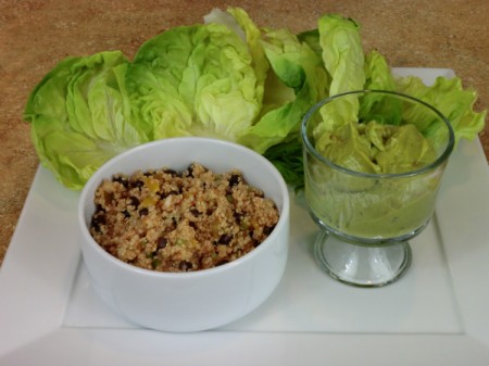 quinoa mixture with lettuce leaves