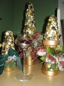 Buttons decorate Styrofoam trees.