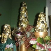 Buttons decorate Styrofoam trees.