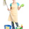 A woman with cleaning supplies.