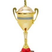 A photo of an old, gold trophy.