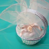A gift basket for guests at a wedding.