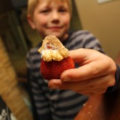 A blond boy holding a strawberry dipped in sour cream and brown sugar