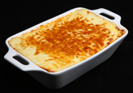 A pan of baked lasagna