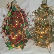 Photos of wine bottle lamps with decorations.