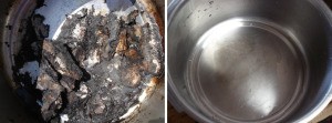 A pot with burned food and the same pot that was cleaned by the sun.