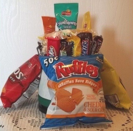 A snack bucket with chips on the outside.