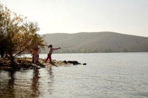 Fishing in a mountain lake.