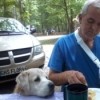 A dog at a picnic table.