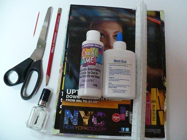 Materials for making beads, magazine, glue, scissors, nail polish, etc.