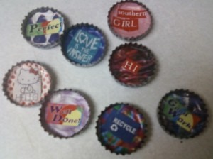 Several magnets made from bottlecaps.