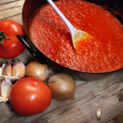 Photo of a pan with homemade spaghetti sauce in it.