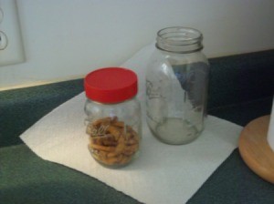 Canning jar with peanut butter jar lid on it