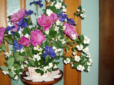 Bouquet of Siberan iris, peony, and mock orange blossoms