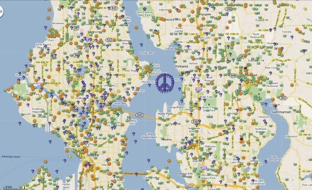 Google map with geocache icons indicating their location