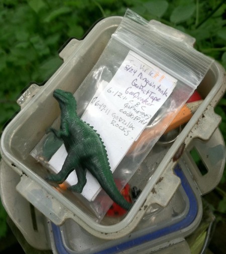 a typical medium sized cache with our signature zilla figurine included