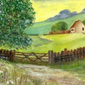 Oil painting of house and fields.